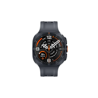Dark gray smartwatch with round display and black perforated silicone strap