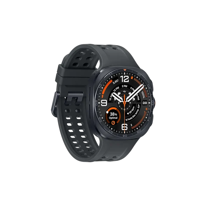 Black smartwatch with round screen, orange accents, and textured perforated strap