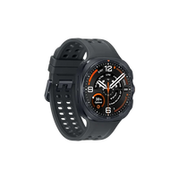 Black smartwatch with round screen, orange accents, and textured perforated strap