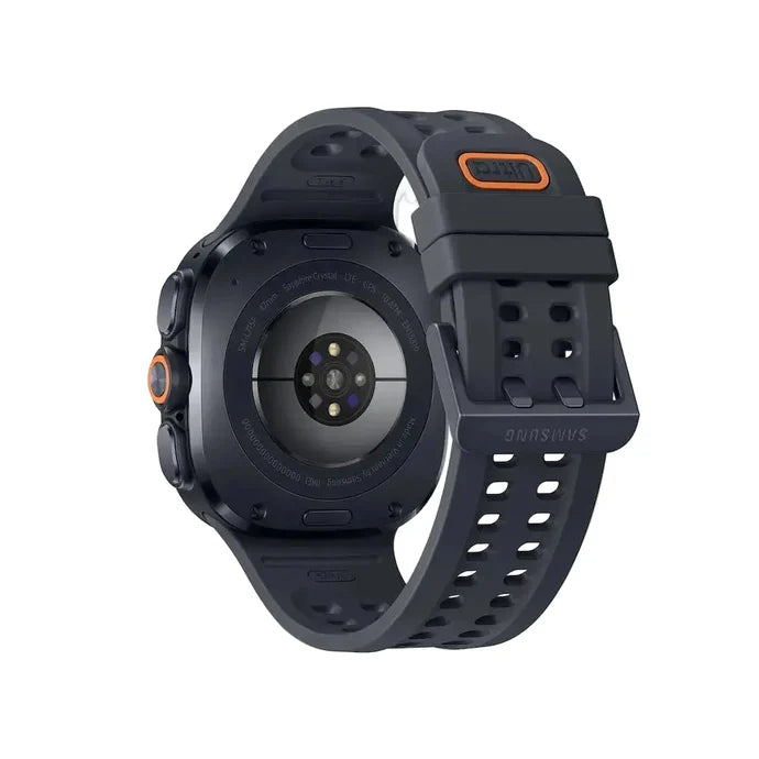 Black smartwatch underside with sensor window and perforated silicone band