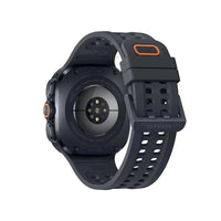 Black smartwatch underside with sensor window and perforated silicone band