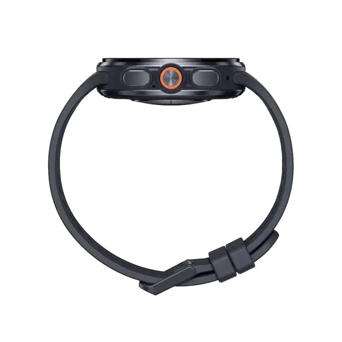 Black smartwatch case with orange-ring button and flexible band strap