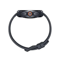 Black smartwatch case with orange-ring button and flexible band strap