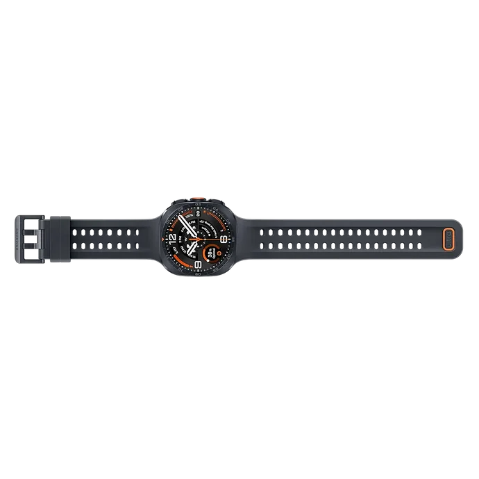 Black smartwatch side profile with orange accents and perforated strap
