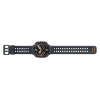 Black smartwatch side profile with orange accents and perforated strap