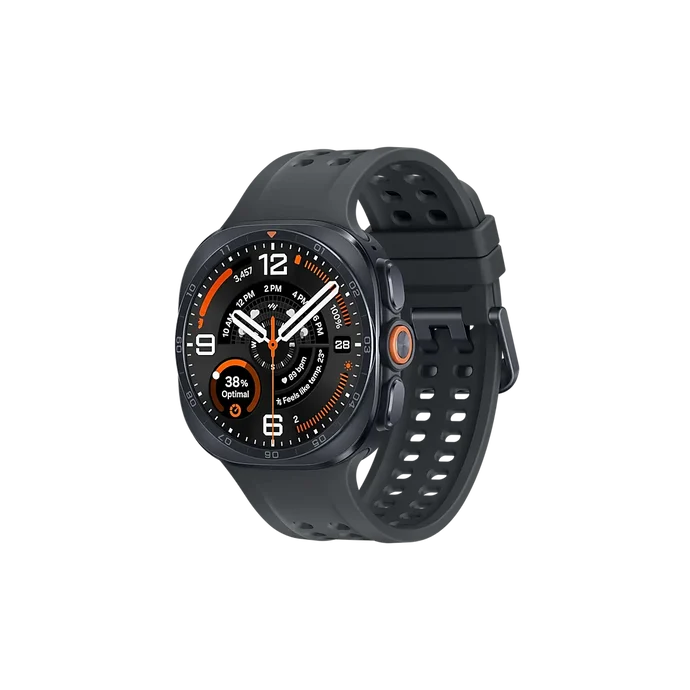 Dark gray smartwatch with round dial, orange-ring button, and perforated band