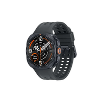 Dark gray smartwatch with round dial, orange-ring button, and perforated band