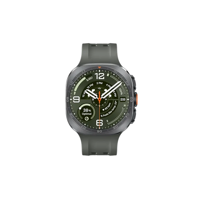 Titanium gray smartwatch with green dial, round bezel, and silicone strap