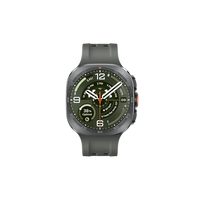 Titanium gray smartwatch with green dial, round bezel, and silicone strap