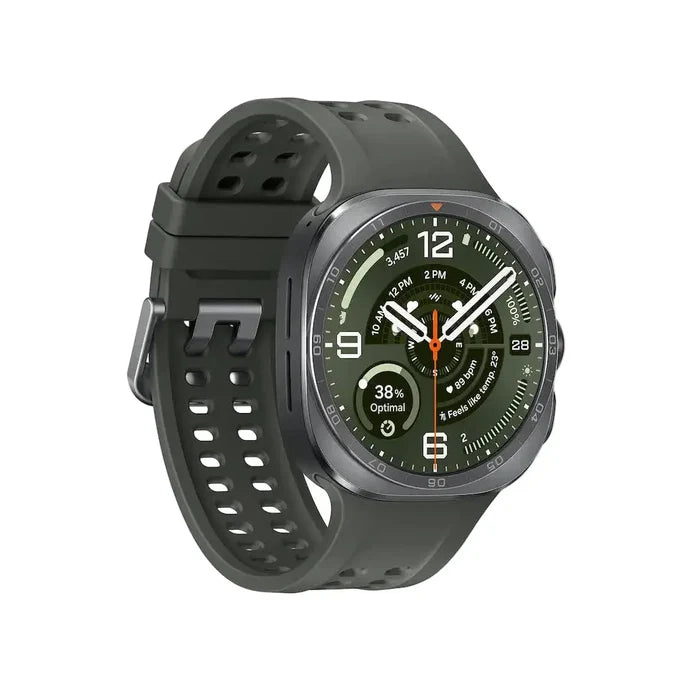 Titanium gray smartwatch with green watch face and perforated silicone band