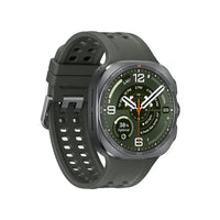 Titanium gray smartwatch with green watch face and perforated silicone band