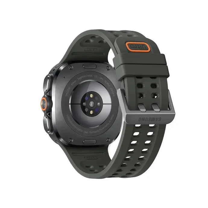 Dark gray smartwatch underside with sensor window, orange accents, and band