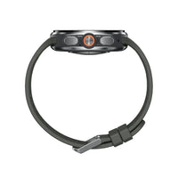 Dark gray smartwatch case side with orange-ring button and flexible strap
