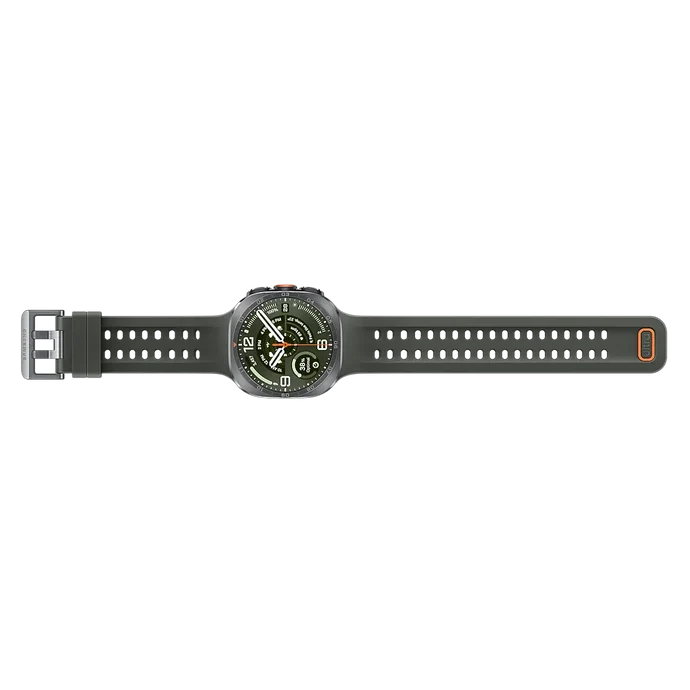 Smartwatch with dark rubber strap and silver-toned case, orange side button