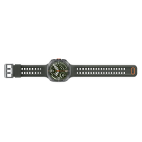 Smartwatch with dark rubber strap and silver-toned case, orange side button