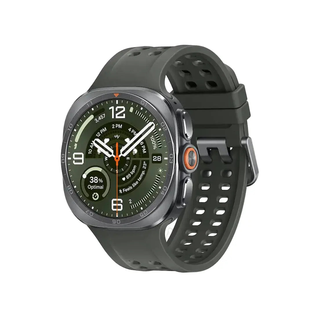 Smartwatch with dark gray rubber strap and gray case, perforated band and side button