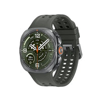 Smartwatch with dark gray rubber strap and gray case, perforated band and side button