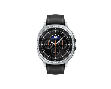 Black smartwatch with round metal case, black leather-style strap, multi-dial face