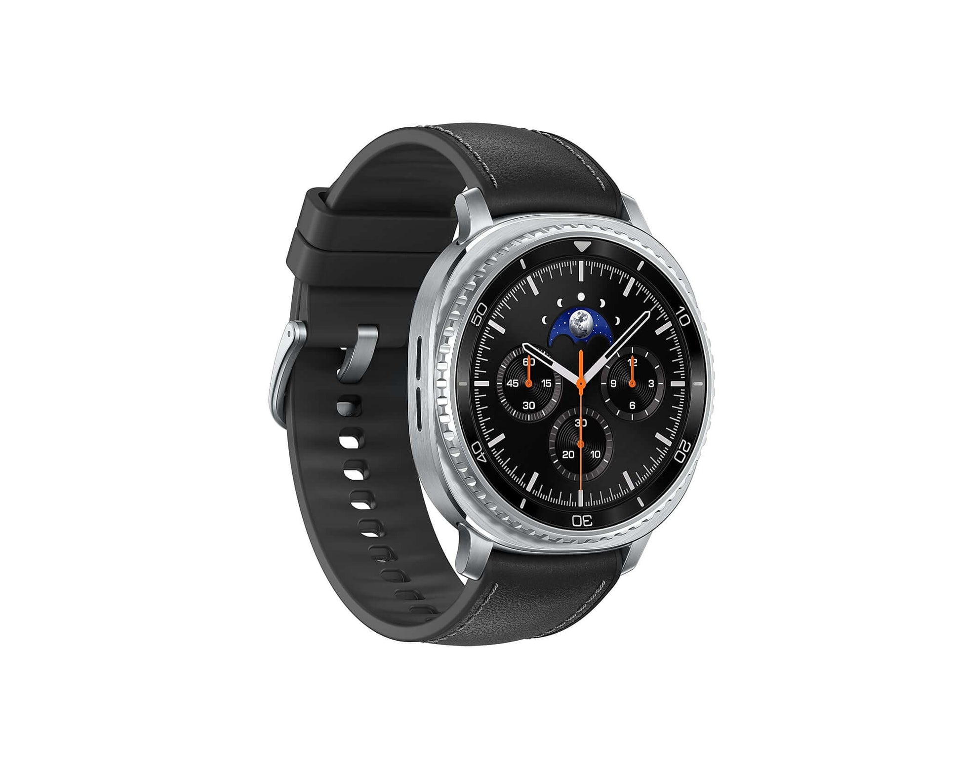 Galaxy Watch 8 Classic 46mm side view with black leather strap and metal bezel