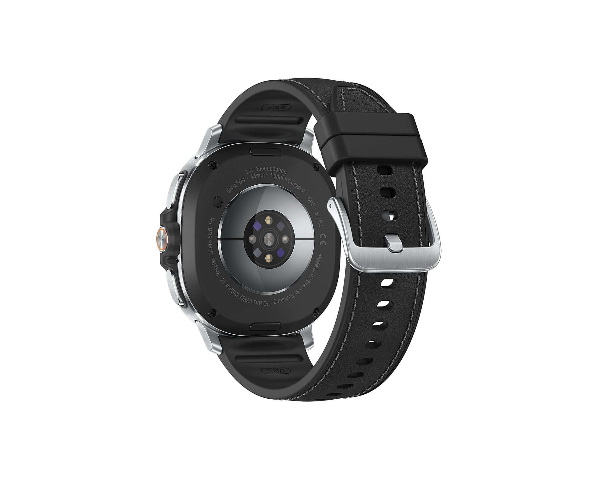 Galaxy Watch 8 Classic 46mm back view with black strap and silver watch case