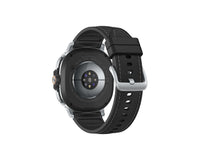 Galaxy Watch 8 Classic 46mm back view with black strap and silver watch case