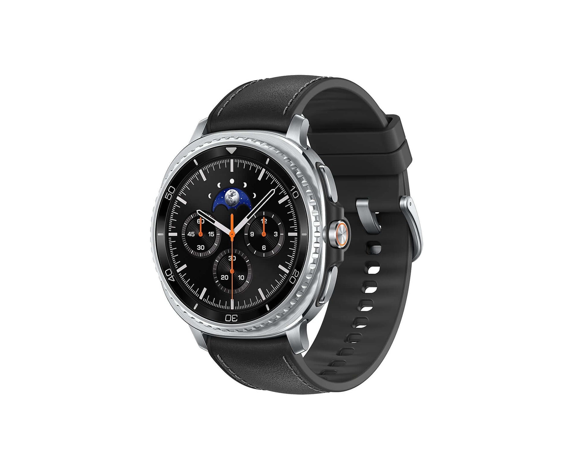 Galaxy Watch 8 Classic 46mm angled view, black leather strap and black dial