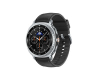 Galaxy Watch 8 Classic 46mm angled view, black leather strap and black dial