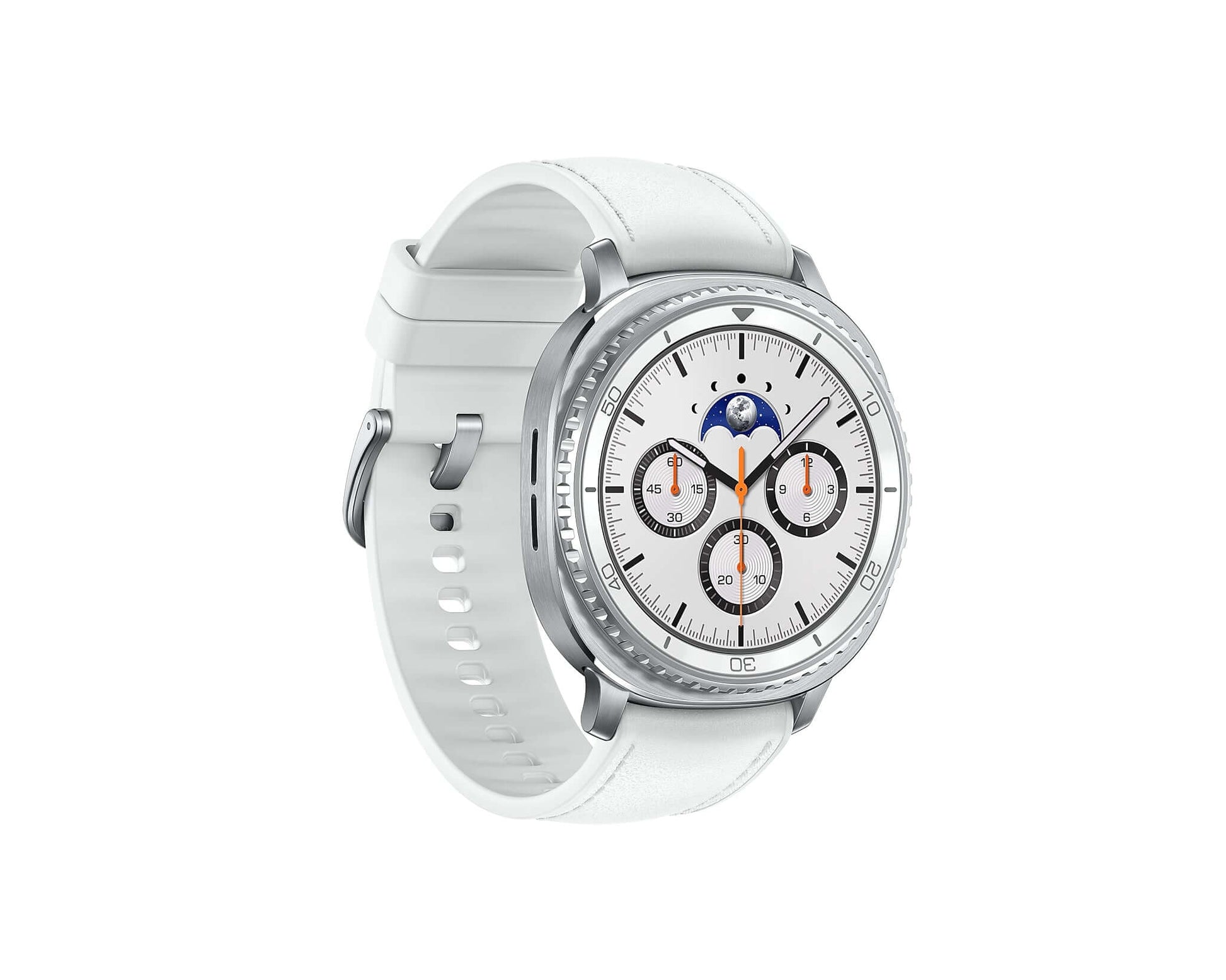 Galaxy Watch 8 Classic 46mm side view with white strap and light-colored watch face
