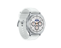 Galaxy Watch 8 Classic 46mm side view with white strap and light-colored watch face