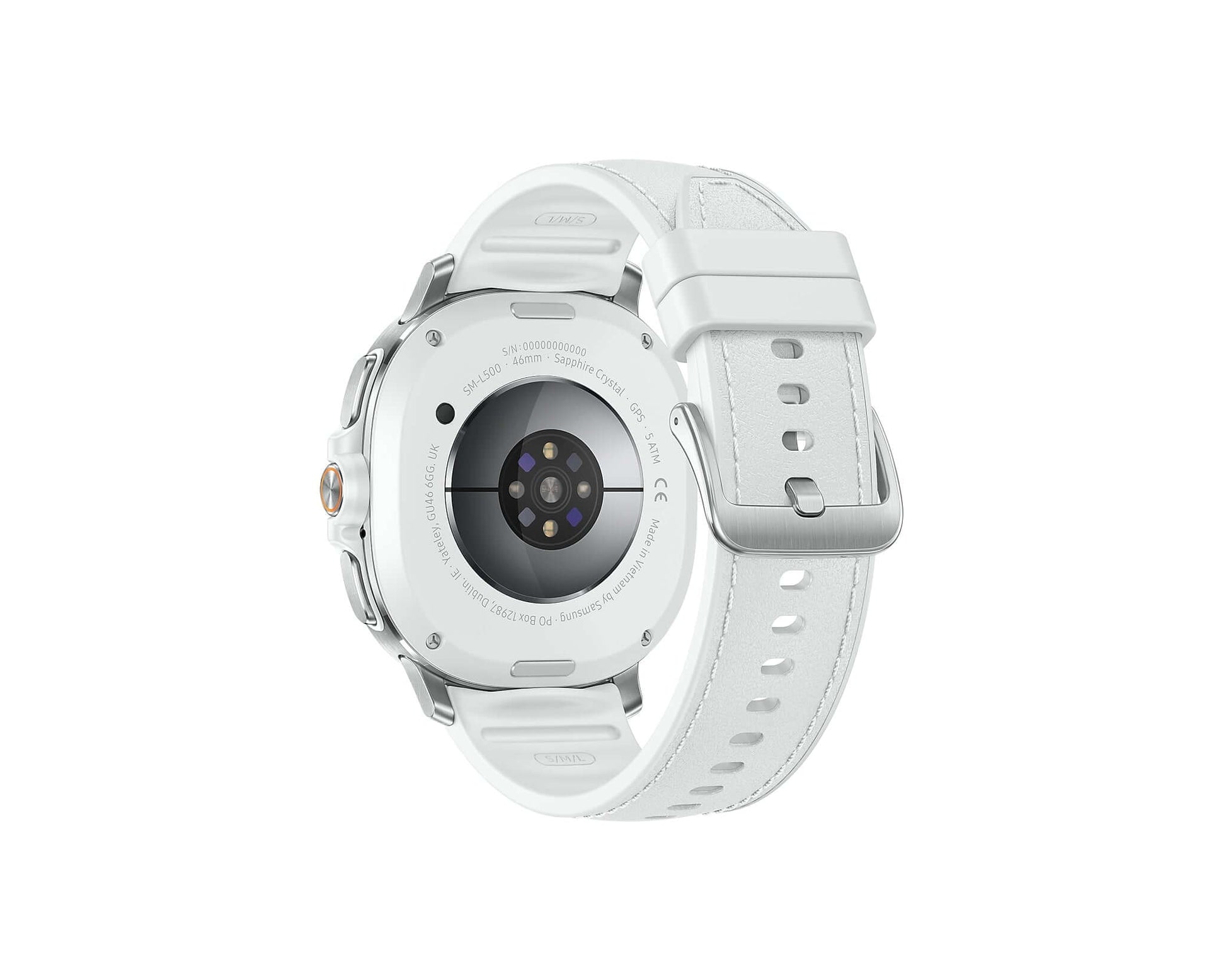 Galaxy Watch 8 Classic 46mm back view with white strap and silver case