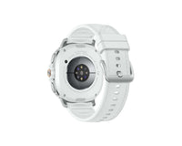 Galaxy Watch 8 Classic 46mm back view with white strap and silver case