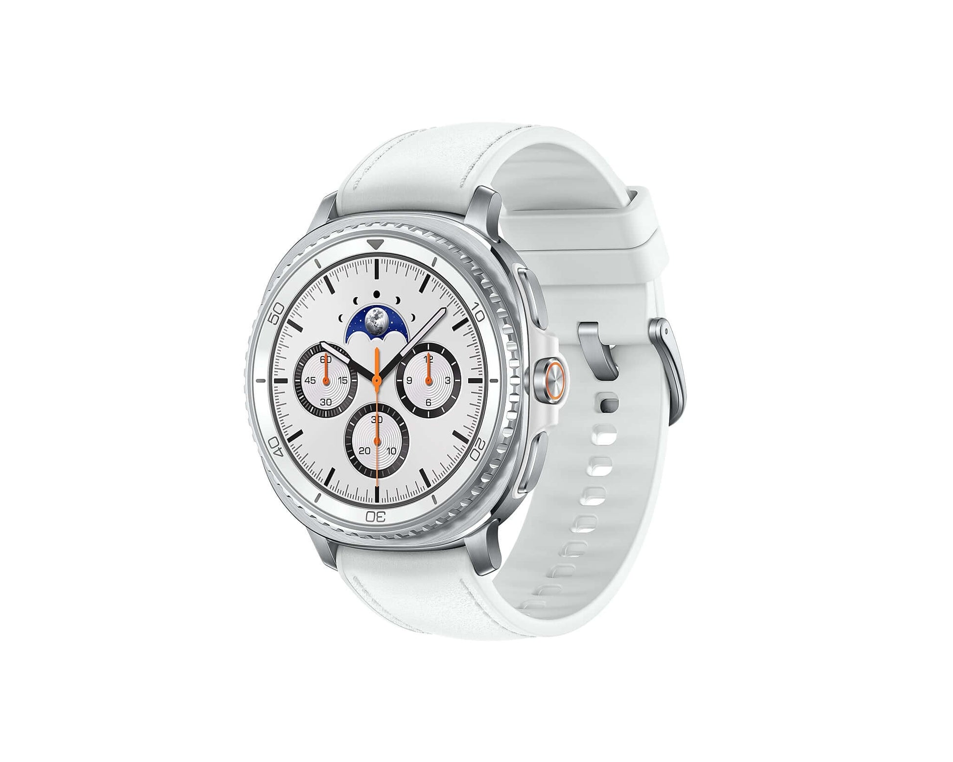 Galaxy Watch 8 Classic 46mm angled view, white leather strap and silver bezel