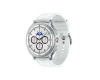 Galaxy Watch 8 Classic 46mm angled view, white leather strap and silver bezel