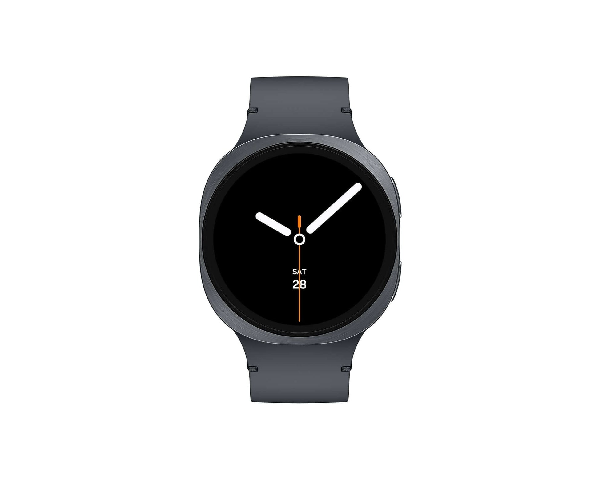 Galaxy Watch 8 in graphite with black screen and orange accents; silicone band