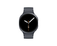 Galaxy Watch 8 in graphite with black screen and orange accents; silicone band