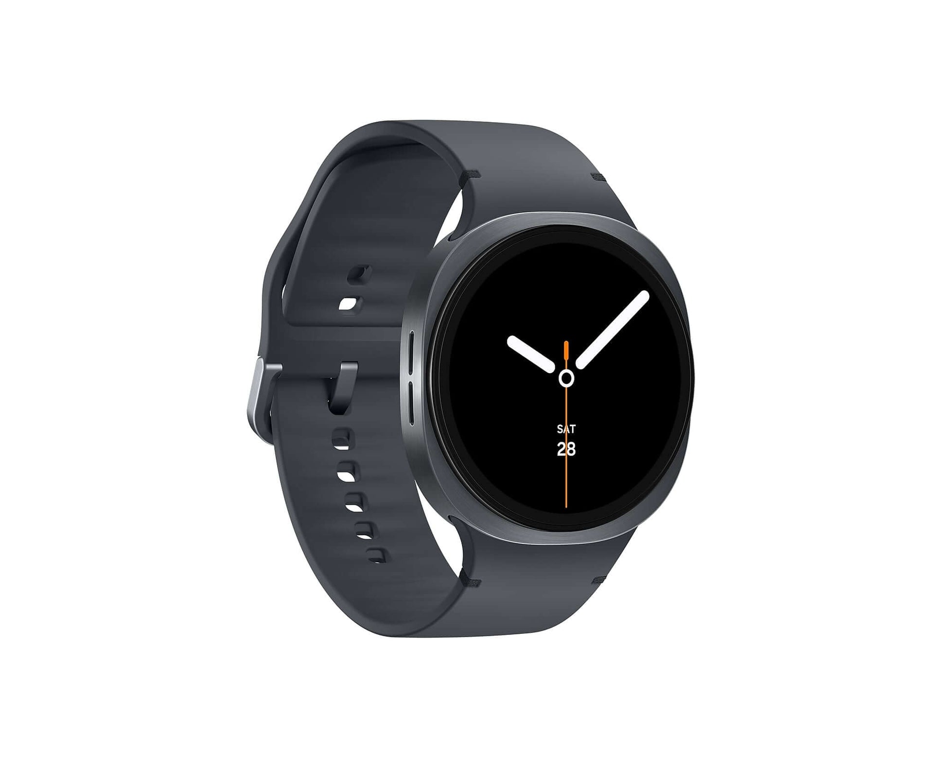 Graphite Galaxy Watch 8 three-quarter view; black dial with hour markers on silicone strap