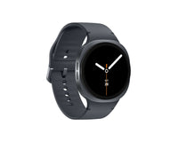 Graphite Galaxy Watch 8 three-quarter view; black dial with hour markers on silicone strap