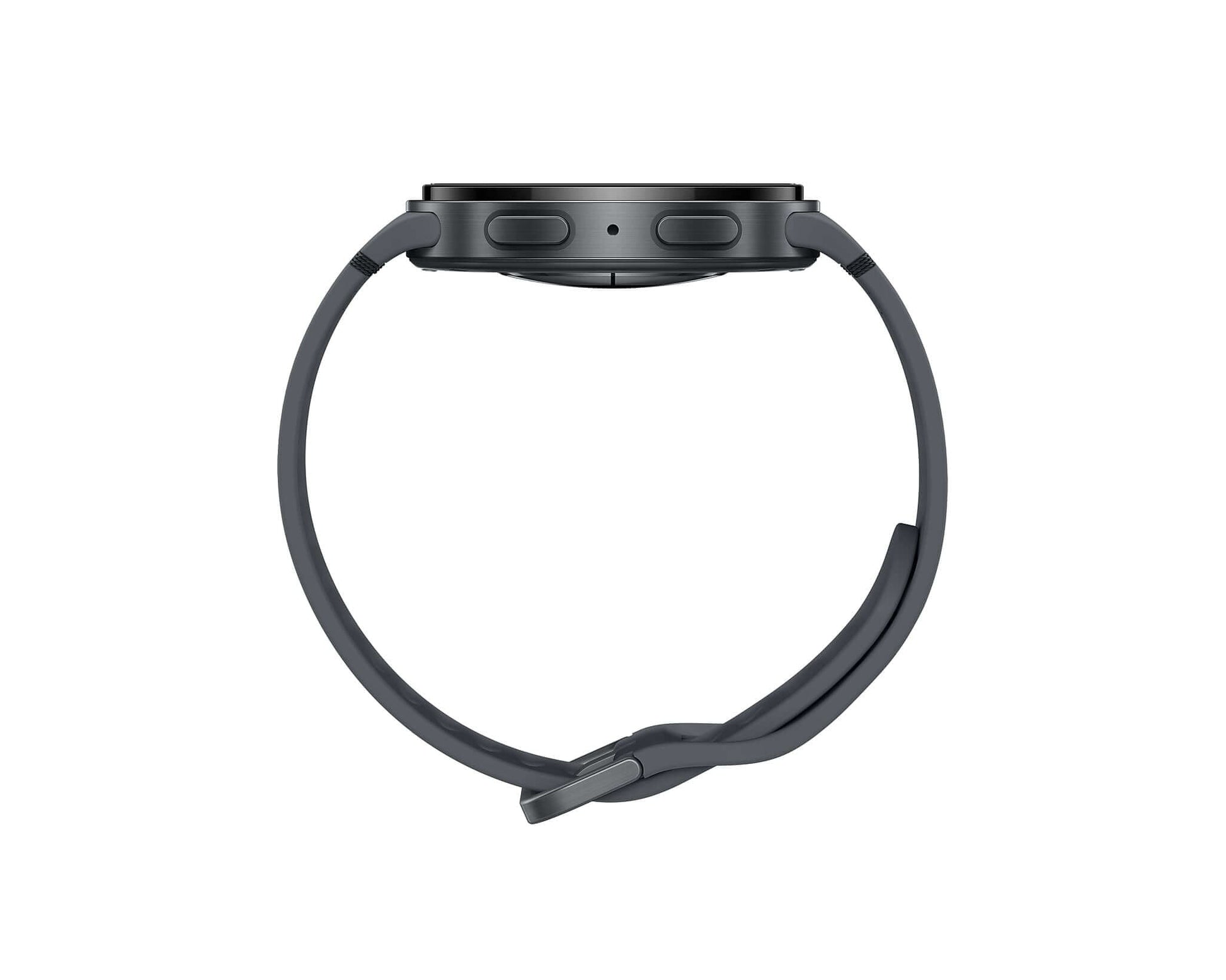 Graphite Galaxy Watch 8 back view showing two buttons on the case; silicone wrist band