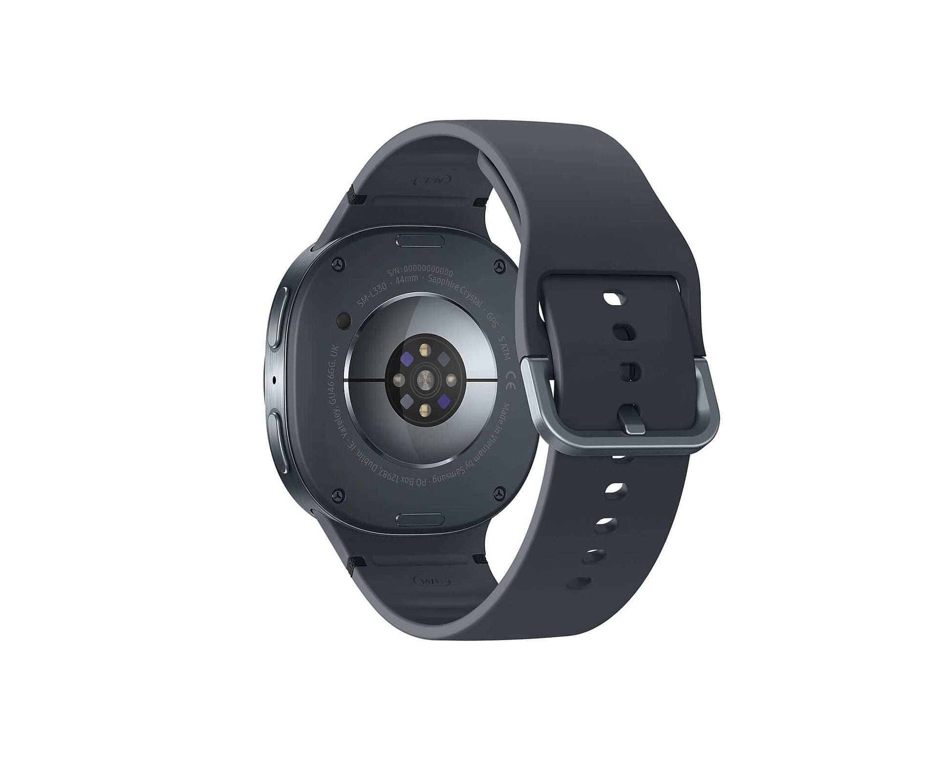 Graphite Galaxy Watch 8 rear view with sensor window and clasp; silicone strap