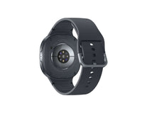 Graphite Galaxy Watch 8 rear view with sensor window and clasp; silicone strap
