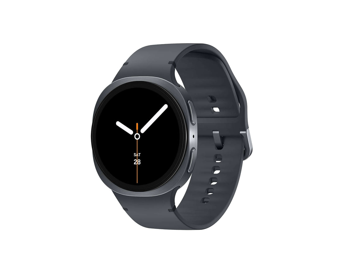 Graphite Galaxy Watch 8 with side buttons and black watch face; silicone sport band
