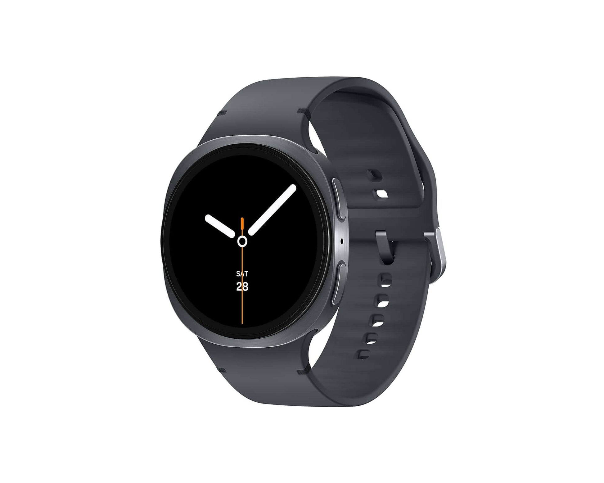 Graphite Galaxy Watch 8 with side buttons and black watch face; silicone sport band