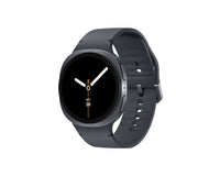 Graphite Galaxy Watch 8 with side buttons and black watch face; silicone sport band
