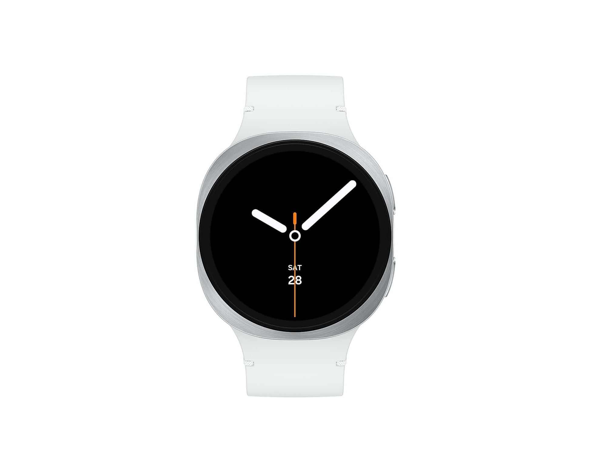 Galaxy Watch 8 in silver with black screen and orange line; white silicone band