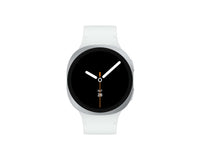 Galaxy Watch 8 in silver with black screen and orange line; white silicone band