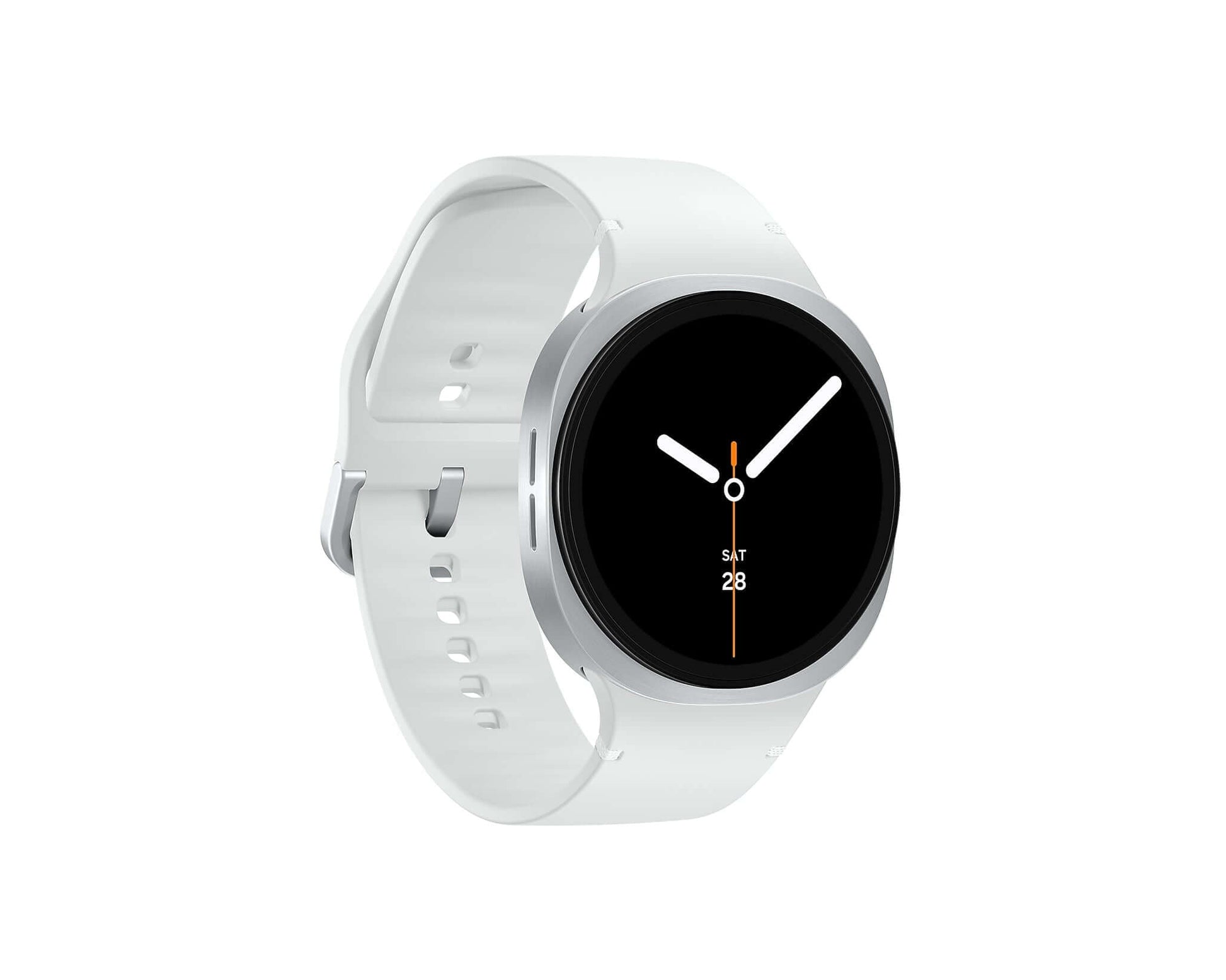 Silver Galaxy Watch 8 angled view with black watch face and orange accents; wide band