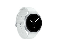 Silver Galaxy Watch 8 angled view with black watch face and orange accents; wide band