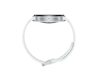 Silver Galaxy Watch 8 back view showing buttons on case; white silicone wrist strap