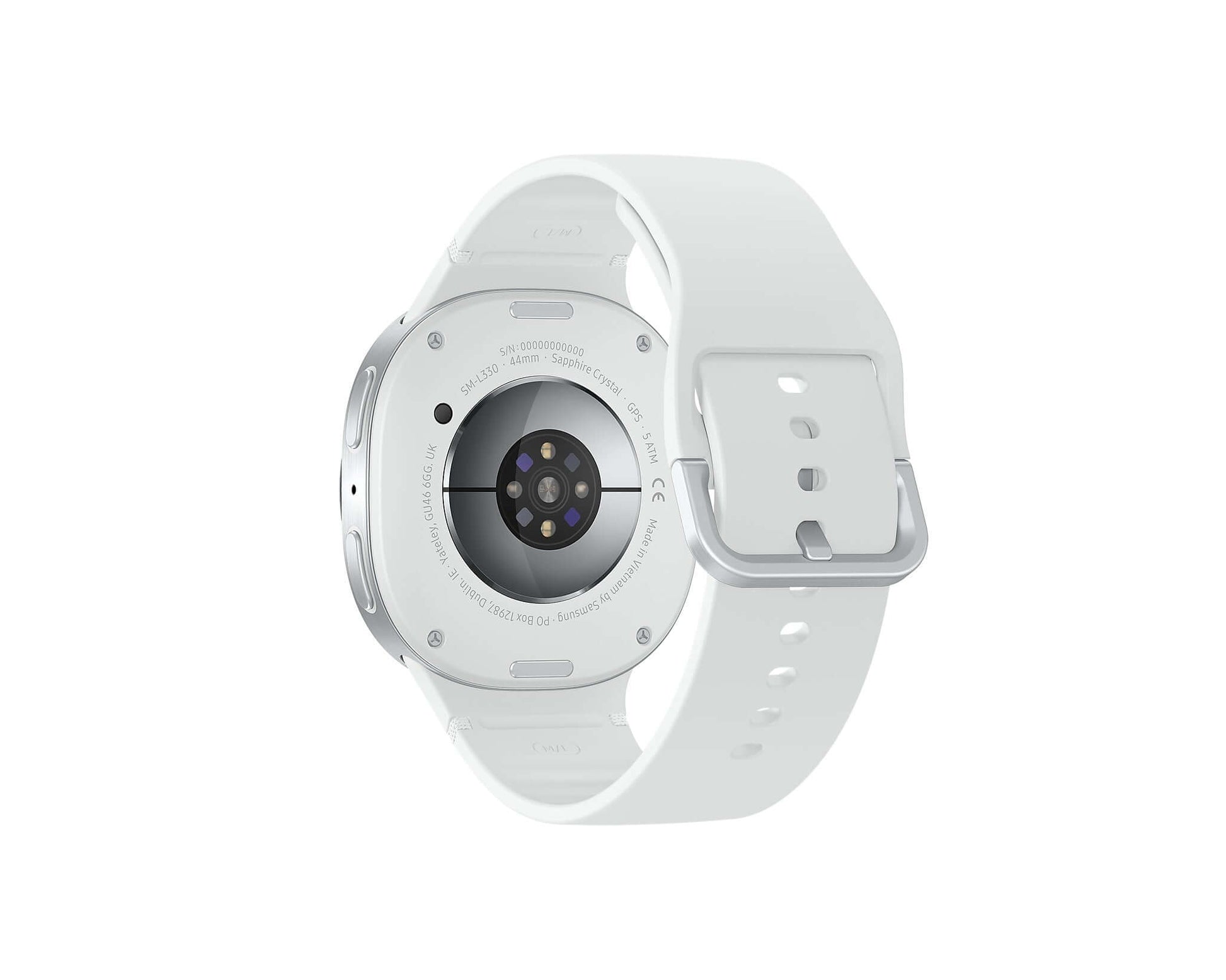 Silver Galaxy Watch 8 rear view with sensor area and clasp; white silicone band