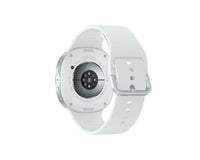 Silver Galaxy Watch 8 rear view with sensor area and clasp; white silicone band